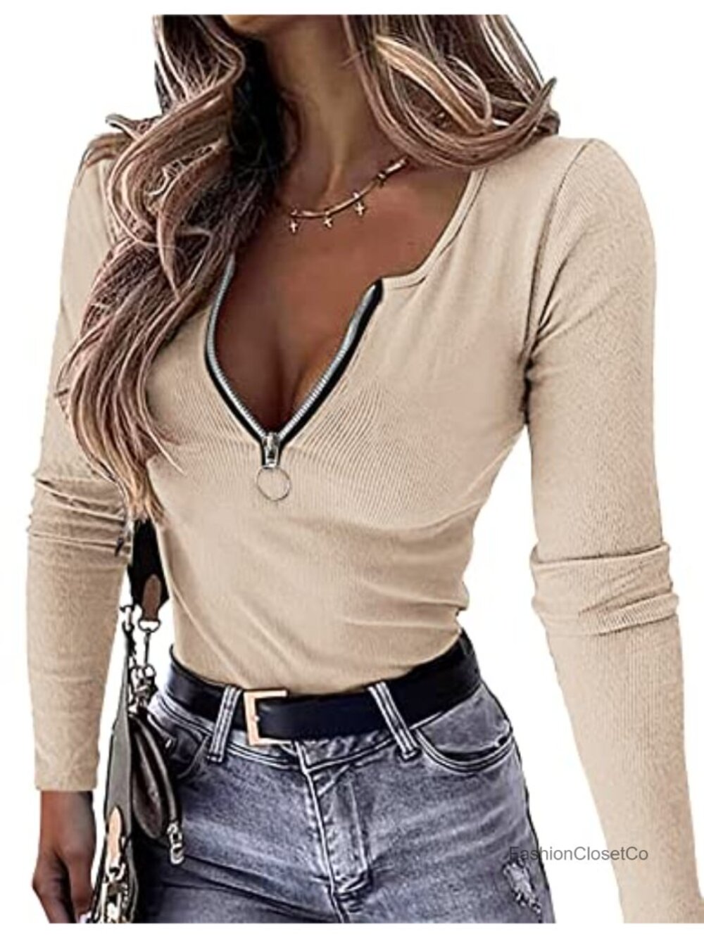 Women's Sexy Ribbed Long Sleeve Henley Shirt Zip Front V-Neck Slim Fit Club Top